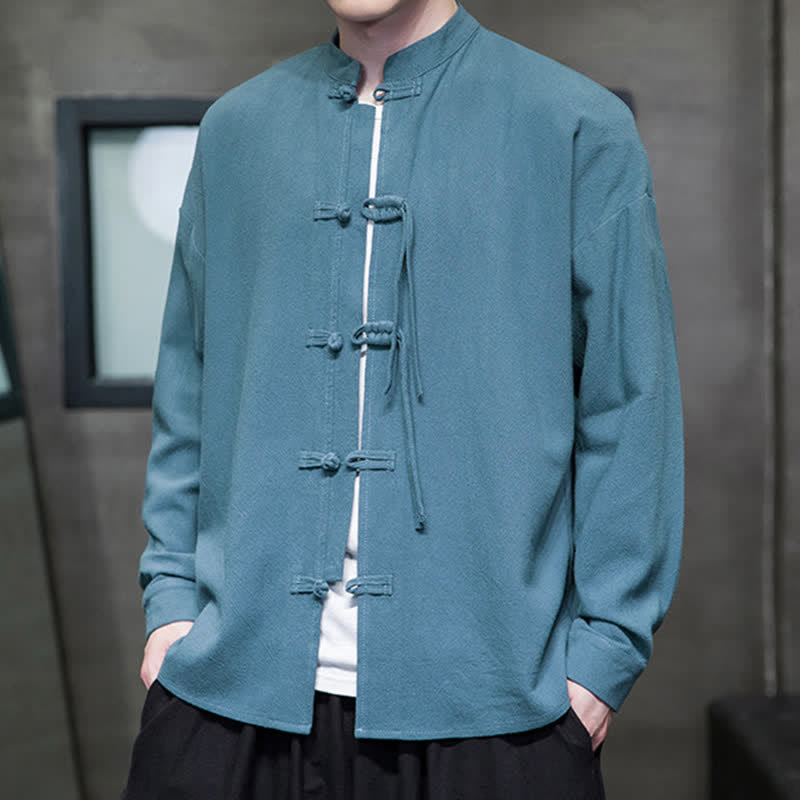 Buddha Stones Fall Winter Tang Style Vintage Frog Button Solid Cotton Linen Men's Jacket - image 5