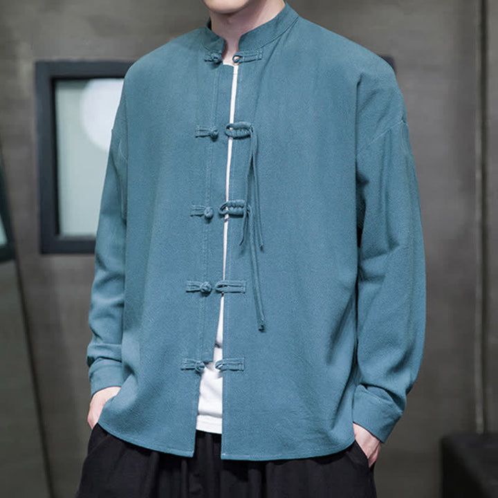Buddha Stones Fall Winter Tang Style Vintage Frog Button Solid Cotton Linen Men's Jacket - image 5