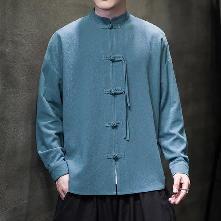 Buddha Stones Fall Winter Tang Style Vintage Frog Button Solid Cotton Linen Men's Jacket - image 1