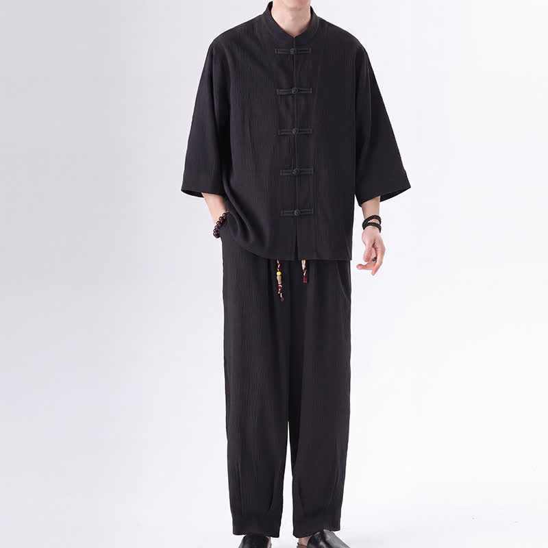 Buddha Stones 2Pcs Spring Tang Style Three-Quarter Sleeve Frog Button Solid Shirt Pants Men's Meditation Cloth With Pocket - image 1