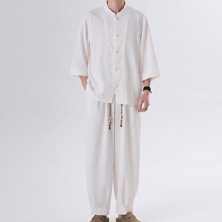 Buddha Stones 2Pcs Spring Tang Style Three-Quarter Sleeve Frog Button Solid Shirt Pants Men's Meditation Cloth With Pocket - White - US/UK/AU46，EU56 (5XL) - image 12