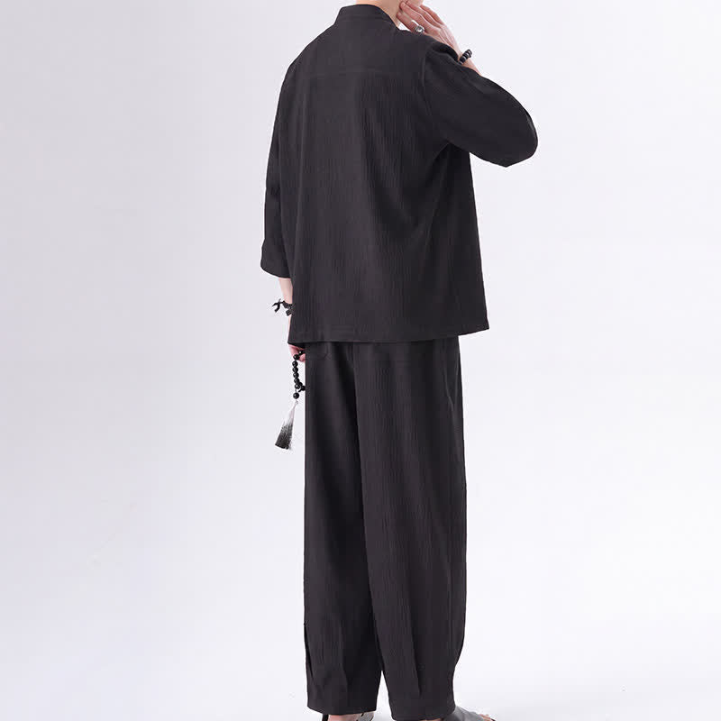 Buddha Stones 2Pcs Spring Tang Style Three-Quarter Sleeve Frog Button Solid Shirt Pants Men's Meditation Cloth With Pocket - image 2