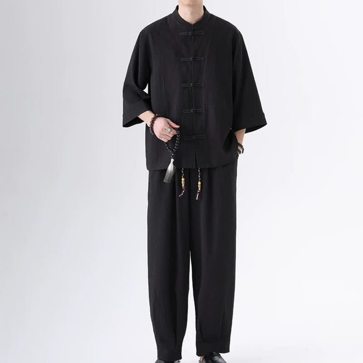Buddha Stones 2Pcs Spring Tang Style Three-Quarter Sleeve Frog Button Solid Shirt Pants Men's Meditation Cloth With Pocket - Black - US/UK/AU46，EU56 (5XL) - image 0
