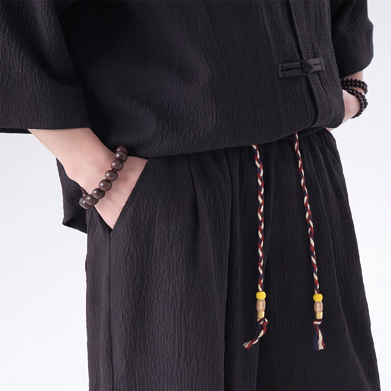 Buddha Stones 2Pcs Spring Tang Style Three-Quarter Sleeve Frog Button Solid Shirt Pants Men's Meditation Cloth With Pocket - image 6