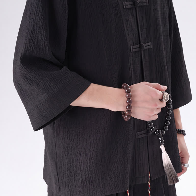 Buddha Stones 2Pcs Spring Tang Style Three-Quarter Sleeve Frog Button Solid Shirt Pants Men's Meditation Cloth With Pocket - image 4