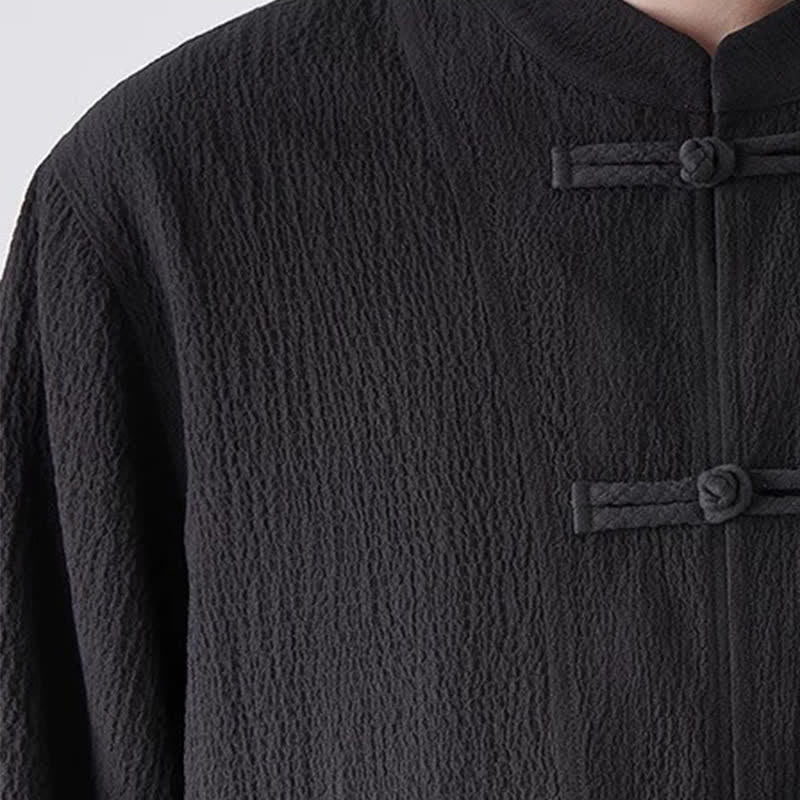 Buddha Stones 2Pcs Spring Tang Style Three-Quarter Sleeve Frog Button Solid Shirt Pants Men's Meditation Cloth With Pocket - image 3