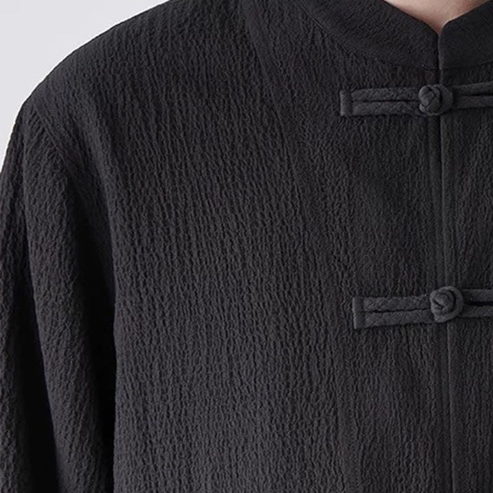 Buddha Stones 2Pcs Spring Tang Style Three-Quarter Sleeve Frog Button Solid Shirt Pants Men's Meditation Cloth With Pocket - image 3