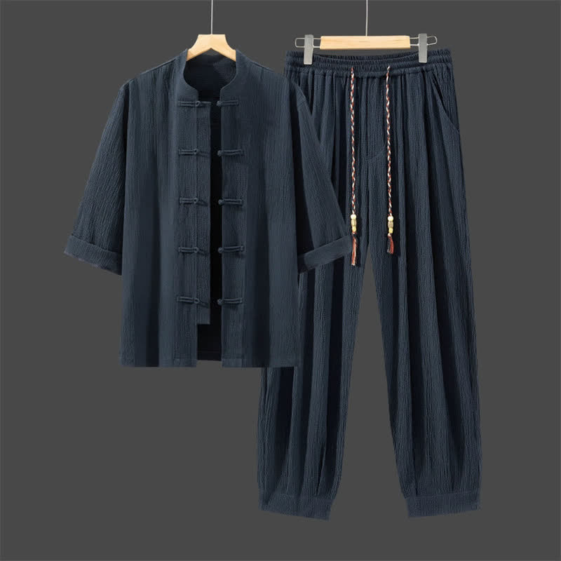 Buddha Stones 2Pcs Spring Tang Style Three-Quarter Sleeve Frog Button Solid Shirt Pants Men's Meditation Cloth With Pocket - MidnightBlue - US/UK/AU46，EU56 (5XL) - image 16