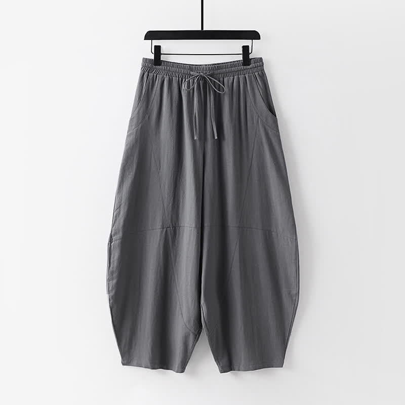 Buddha Stones 2Pcs Spring Summer Minimalist Drawstring Solid Elbow-Length Sleeve Shirt Pants Cotton Men's Meditation Cloth With Pocket - image 3
