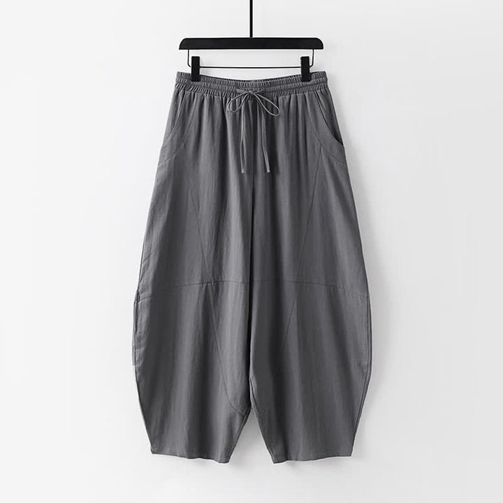 Buddha Stones 2Pcs Spring Summer Minimalist Drawstring Solid Elbow-Length Sleeve Shirt Pants Cotton Men's Meditation Cloth With Pocket - image 3