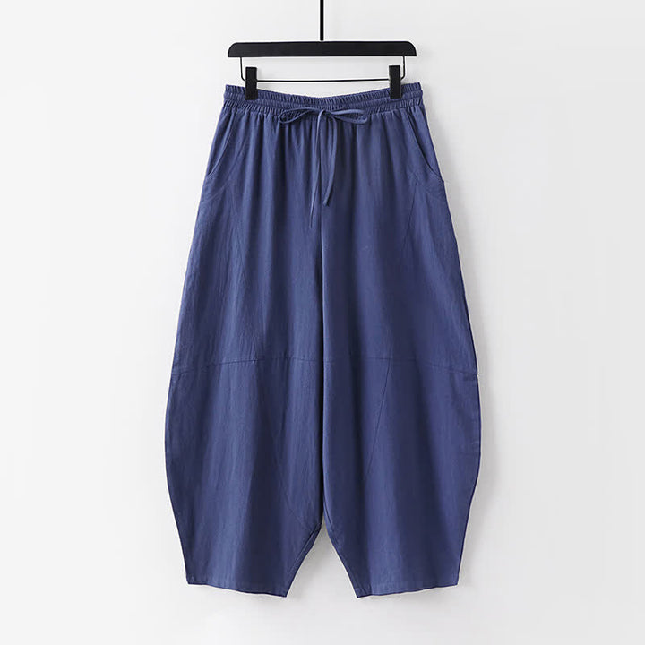 Buddha Stones 2Pcs Spring Summer Minimalist Drawstring Solid Elbow-Length Sleeve Shirt Pants Cotton Men's Meditation Cloth With Pocket - image 9
