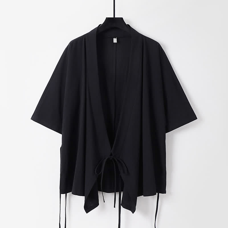Buddha Stones 2Pcs Spring Summer Minimalist Drawstring Solid Elbow-Length Sleeve Shirt Pants Cotton Men's Meditation Cloth With Pocket - image 5