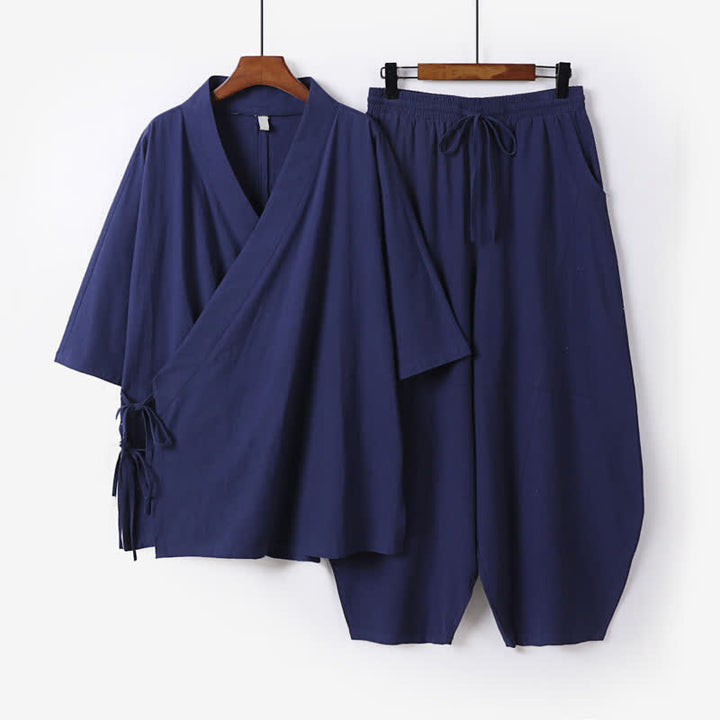 Buddha Stones 2Pcs Spring Summer Minimalist Drawstring Solid Elbow-Length Sleeve Shirt Pants Cotton Men's Meditation Cloth With Pocket - MidnightBlue - US/UK/AU54，EU64 (9XL) - image 7