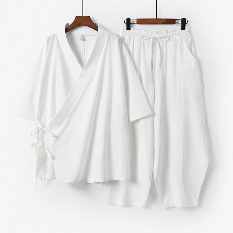 Buddha Stones 2Pcs Spring Summer Minimalist Drawstring Solid Elbow-Length Sleeve Shirt Pants Cotton Men's Meditation Cloth With Pocket - White - US/UK/AU54，EU64 (9XL) - image 16