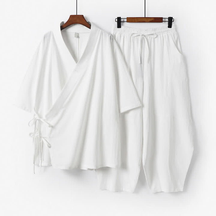 Buddha Stones 2Pcs Spring Summer Minimalist Drawstring Solid Elbow-Length Sleeve Shirt Pants Cotton Men's Meditation Cloth With Pocket - White - US/UK/AU54，EU64 (9XL) - image 16