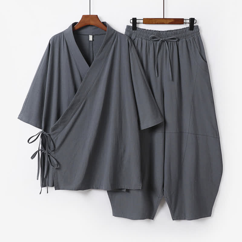 Buddha Stones 2Pcs Spring Summer Minimalist Drawstring Solid Elbow-Length Sleeve Shirt Pants Cotton Men's Meditation Cloth With Pocket - SlateGray - US/UK/AU54，EU64 (9XL) - image 0