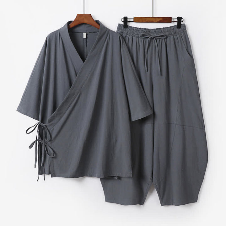Buddha Stones 2Pcs Spring Summer Minimalist Drawstring Solid Elbow-Length Sleeve Shirt Pants Cotton Men's Meditation Cloth With Pocket - SlateGray - US/UK/AU54，EU64 (9XL) - image 0
