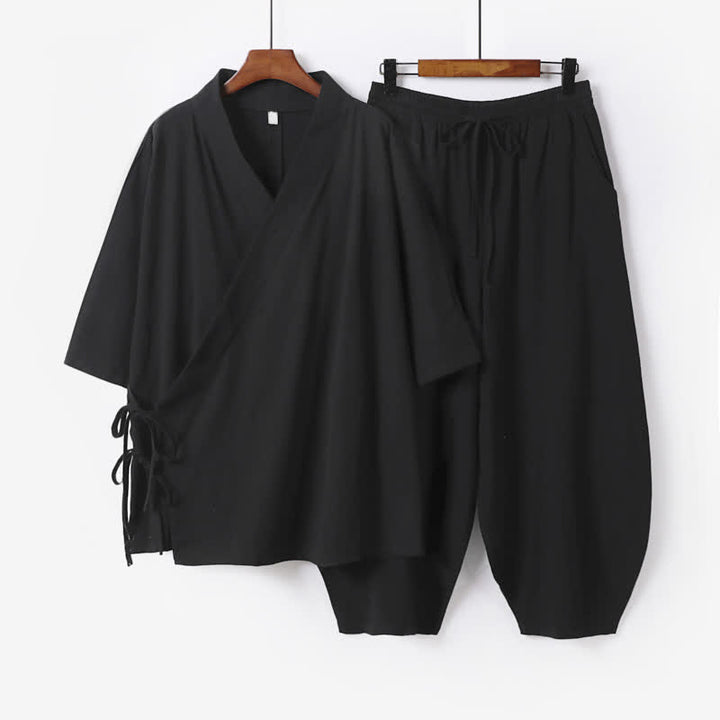 Buddha Stones 2Pcs Spring Summer Minimalist Drawstring Solid Elbow-Length Sleeve Shirt Pants Cotton Men's Meditation Cloth With Pocket - Black - US/UK/AU54，EU64 (9XL) - image 4