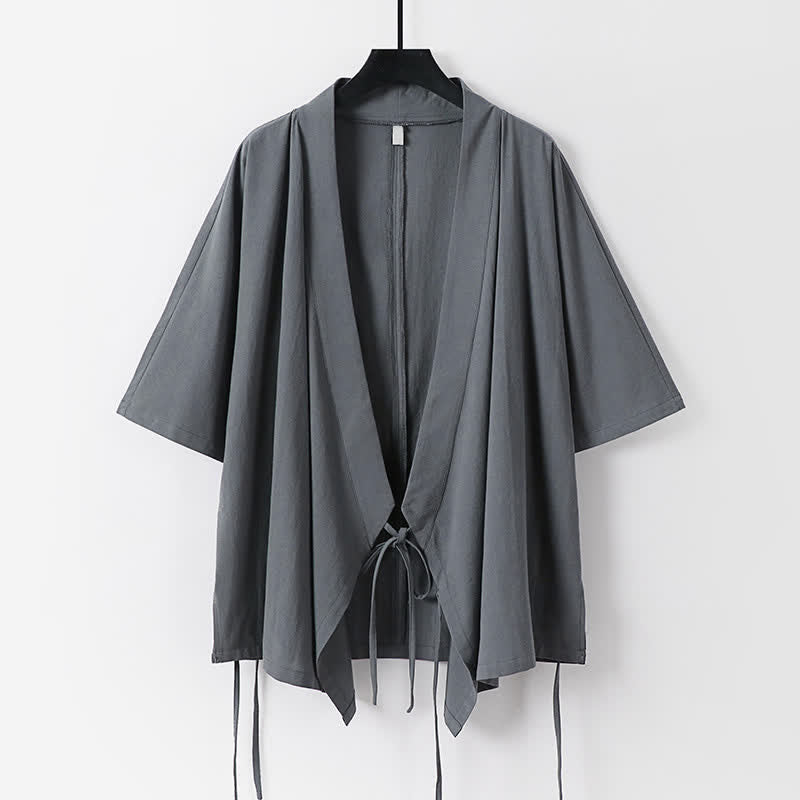 Buddha Stones 2Pcs Spring Summer Minimalist Drawstring Solid Elbow-Length Sleeve Shirt Pants Cotton Men's Meditation Cloth With Pocket - image 1