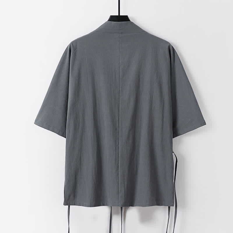 Buddha Stones 2Pcs Spring Summer Minimalist Drawstring Solid Elbow-Length Sleeve Shirt Pants Cotton Men's Meditation Cloth With Pocket - image 2
