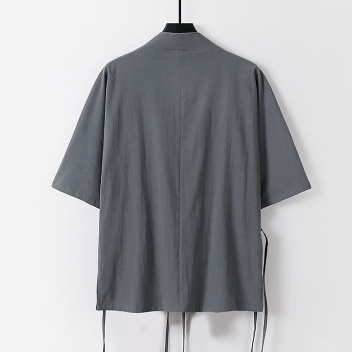 Buddha Stones 2Pcs Spring Summer Minimalist Drawstring Solid Elbow-Length Sleeve Shirt Pants Cotton Men's Meditation Cloth With Pocket - image 2