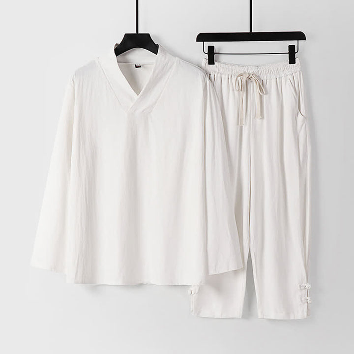 Buddha Stones 2Pcs Spring Fall Casual Drawstring Solid Ramie Long Sleeve Shirt Pants Men's Meditation Cloth With Pockets - White - US/UK/AU54，EU64 (9XL) - image 21