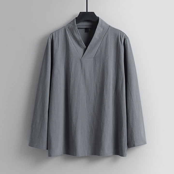 Buddha Stones 2Pcs Spring Fall Casual Drawstring Solid Ramie Long Sleeve Shirt Pants Men's Meditation Cloth With Pockets - image 3