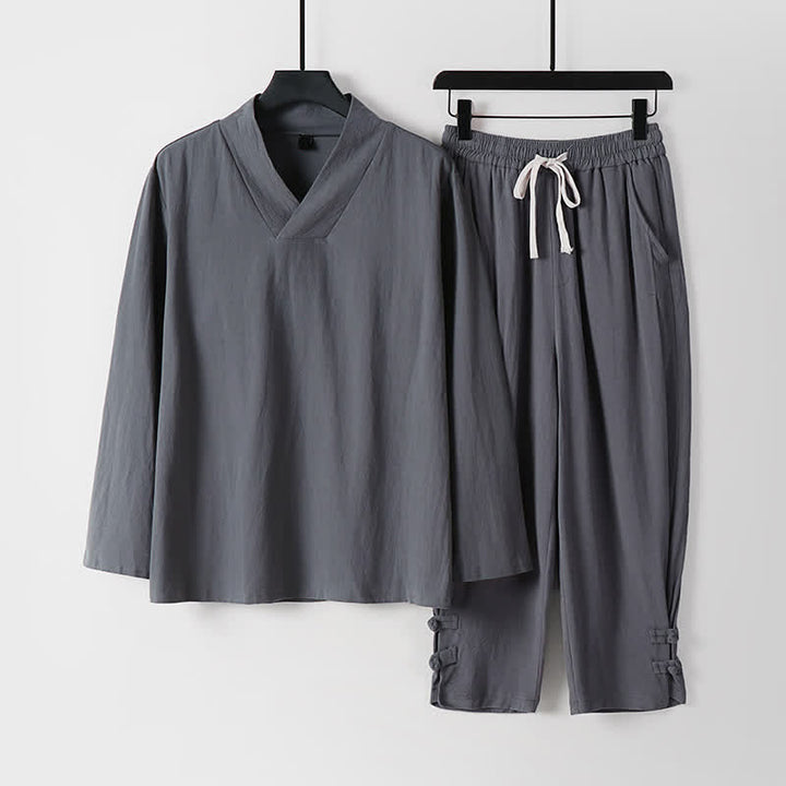 Buddha Stones 2Pcs Spring Fall Casual Drawstring Solid Ramie Long Sleeve Shirt Pants Men's Meditation Cloth With Pockets - SlateGray - US/UK/AU54，EU64 (9XL) - image 2