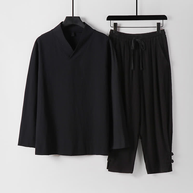 Buddha Stones 2Pcs Spring Fall Casual Drawstring Solid Ramie Long Sleeve Shirt Pants Men's Meditation Cloth With Pockets - Black - US/UK/AU54，EU64 (9XL) - image 11