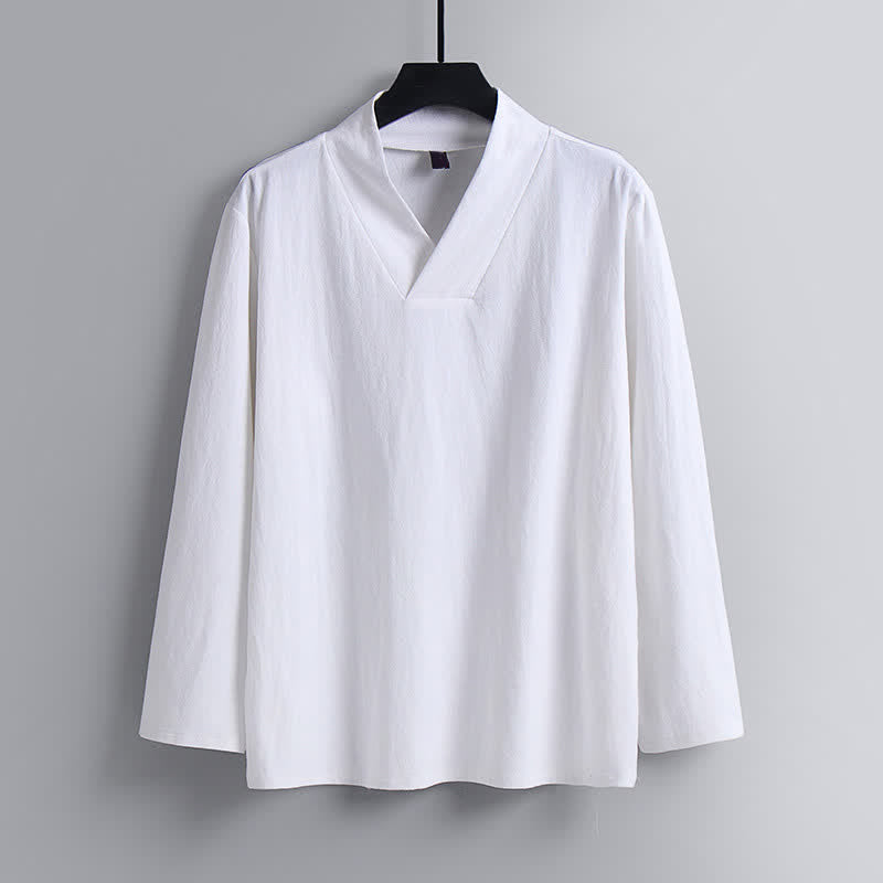Buddha Stones 2Pcs Spring Fall Casual Drawstring Solid Ramie Long Sleeve Shirt Pants Men's Meditation Cloth With Pockets - image 22