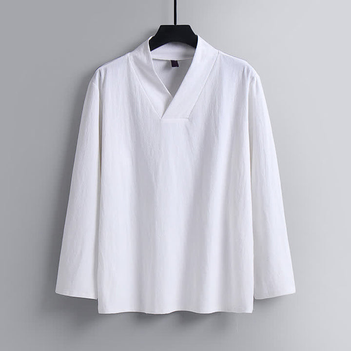 Buddha Stones 2Pcs Spring Fall Casual Drawstring Solid Ramie Long Sleeve Shirt Pants Men's Meditation Cloth With Pockets - image 22