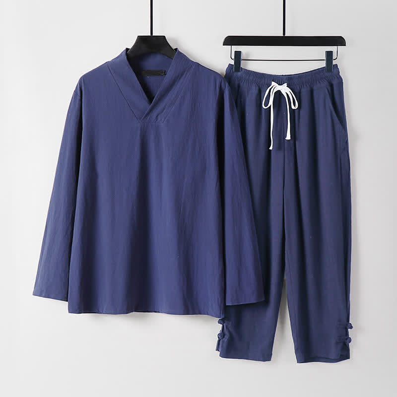Buddha Stones 2Pcs Spring Fall Casual Drawstring Solid Ramie Long Sleeve Shirt Pants Men's Meditation Cloth With Pockets - DarkSlateBlue - US/UK/AU54，EU64 (9XL) - image 0