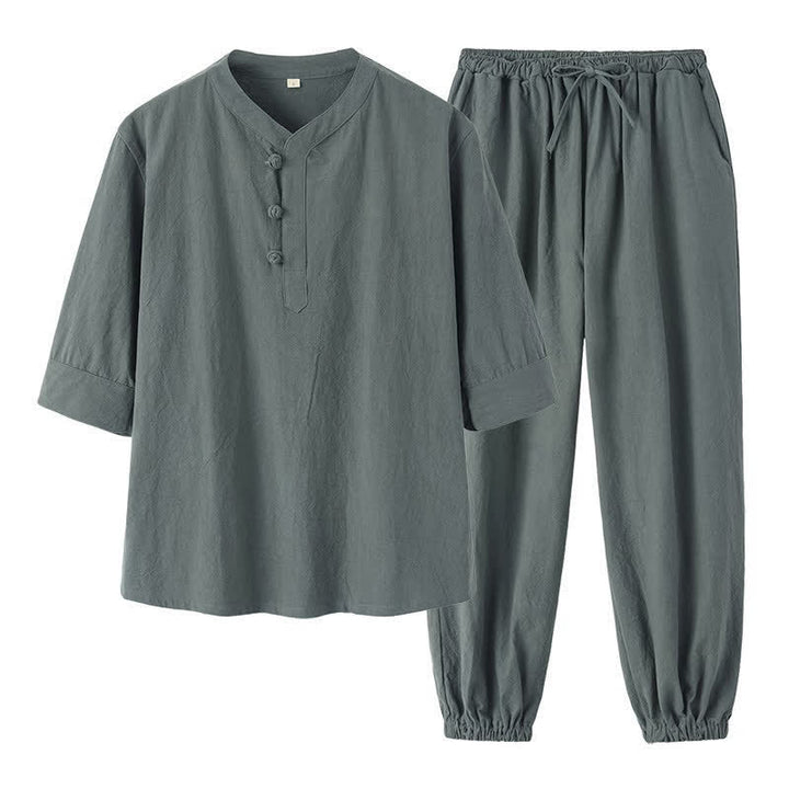 Buddha Stones 2Pcs Spring Summer Tang Style Mandarin Collar Elbow-Length Sleeve Solid Shirt Pants Cotton Men's Meditation Cloth With Pockets - image 4