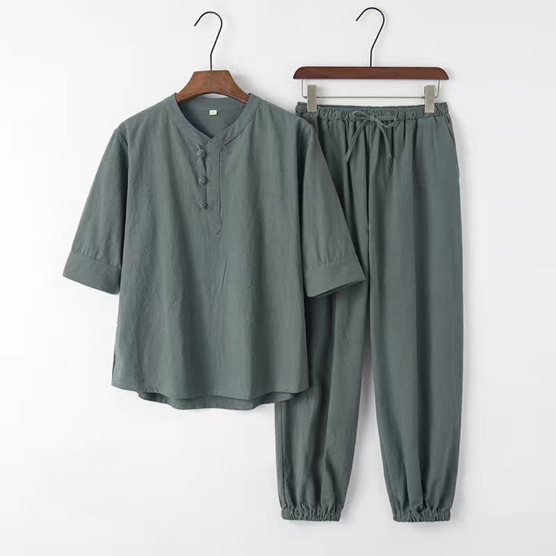 Buddha Stones 2Pcs Spring Summer Tang Style Mandarin Collar Elbow-Length Sleeve Solid Shirt Pants Cotton Men's Meditation Cloth With Pockets - CadetBlue - US/UK/AU44，EU54 (4XL) - image 2
