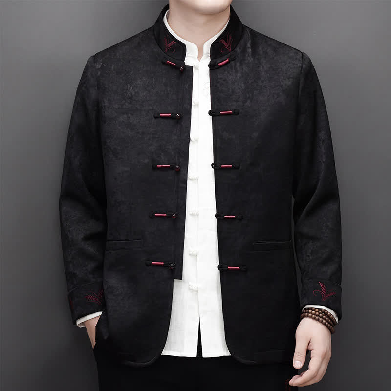 Buddha Stones 2Pcs Fall Winter Tang Style Elegant Frog Button Mandarin Collar Abstract Jacket Pants Men's Meditation Cloth With Pocket - image 13