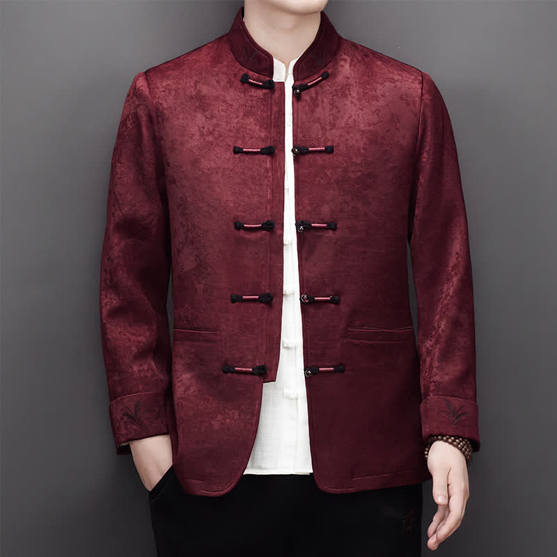 Buddha Stones 2Pcs Fall Winter Tang Style Elegant Frog Button Mandarin Collar Abstract Jacket Pants Men's Meditation Cloth With Pocket - image 5