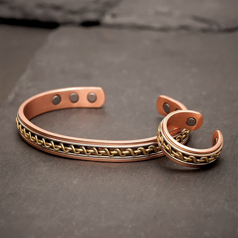 Buddha Stones Red Copper Interwoven Chain Design Grounding Cuff Bracelet Ring - Cuff Bracelet(Approx. 50mm) + Ring(Approx. 19.7mm/US10) - image 0