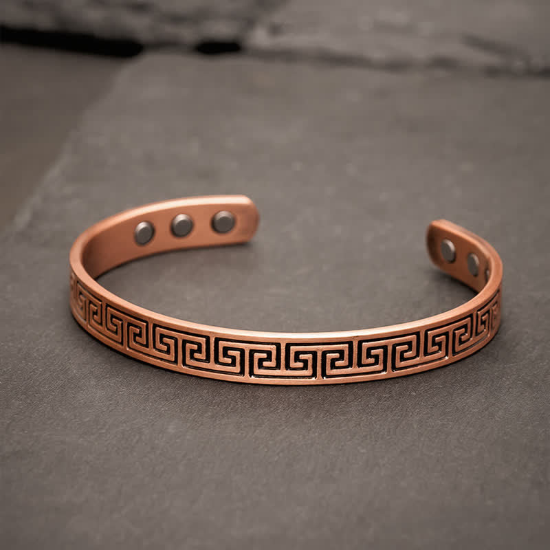 Buddha Stones Red Copper Grounding Greek Key Cuff Bracelet - Red Copper(Inner Diameter: Approx. 55.7-57.3 mm) - image 0