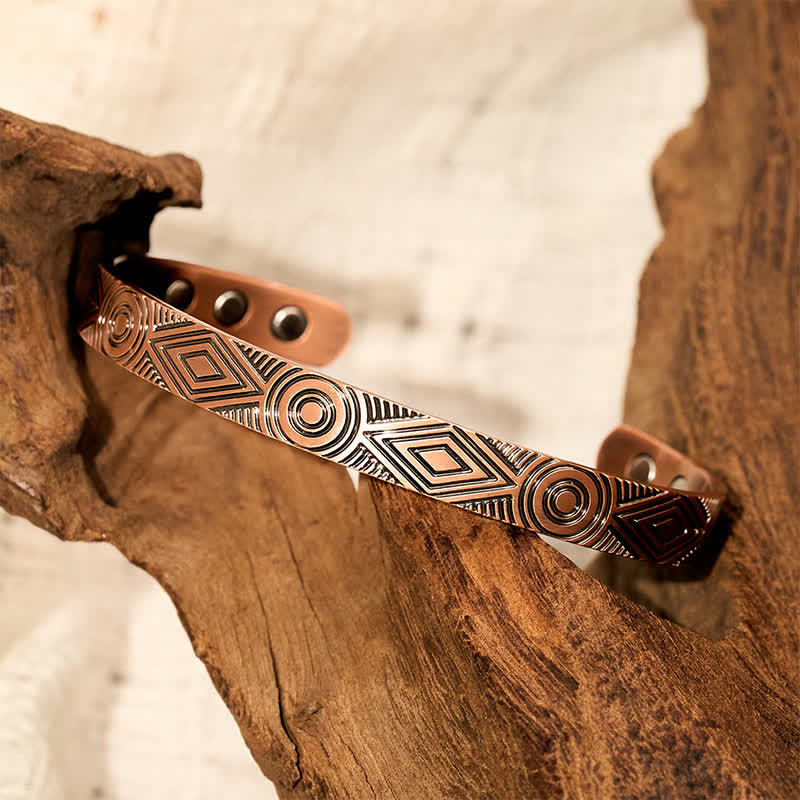 Buddha Stones Red Copper Grounding Geometric Engraved Open Cuff Bracelet - image 8