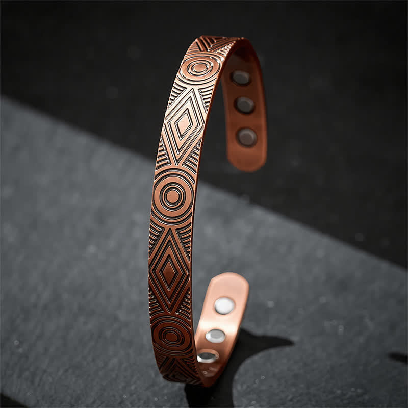 Buddha Stones Red Copper Grounding Geometric Engraved Open Cuff Bracelet - image 9