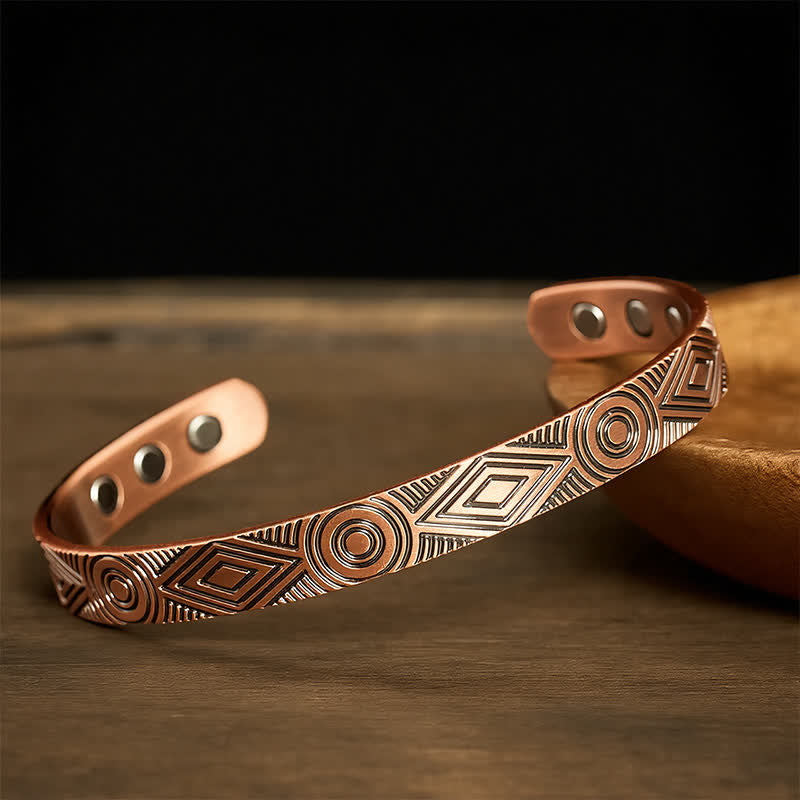 Buddha Stones Red Copper Grounding Geometric Engraved Open Cuff Bracelet - image 7