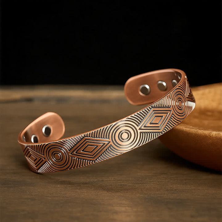 Buddha Stones Red Copper Grounding Geometric Engraved Open Cuff Bracelet - image 1