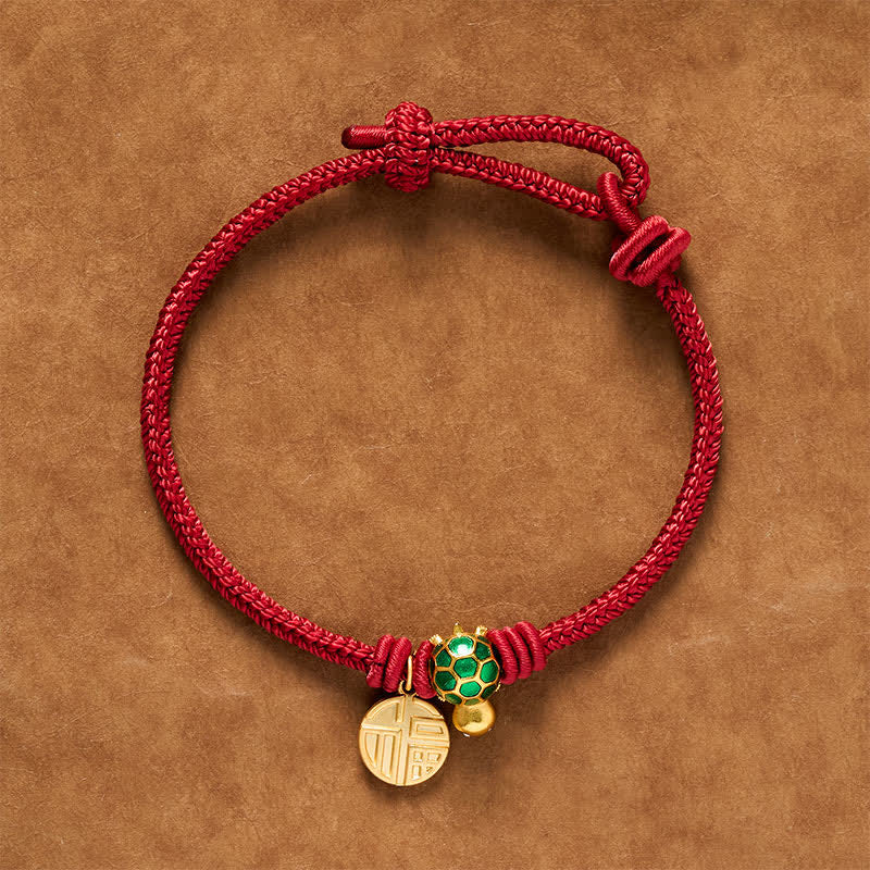 Buddha Stones Fu Character Turtle Red String Fortune Bracelet - DarkRed - 6.7–7.5 in/17–19 cm - Round Fu Character - image 0