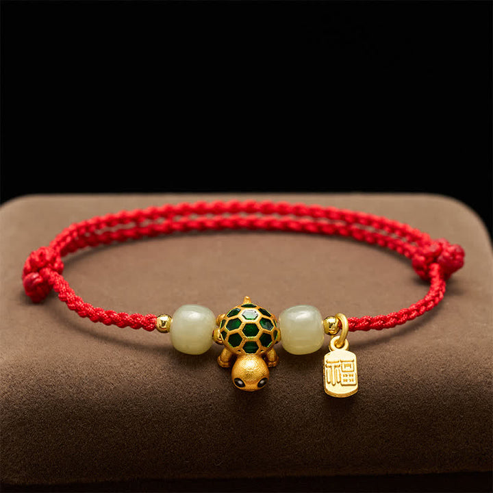 Buddha Stones Copper Turtle Hetian Jade Fu Character Luck Red String Bracelet - image 2