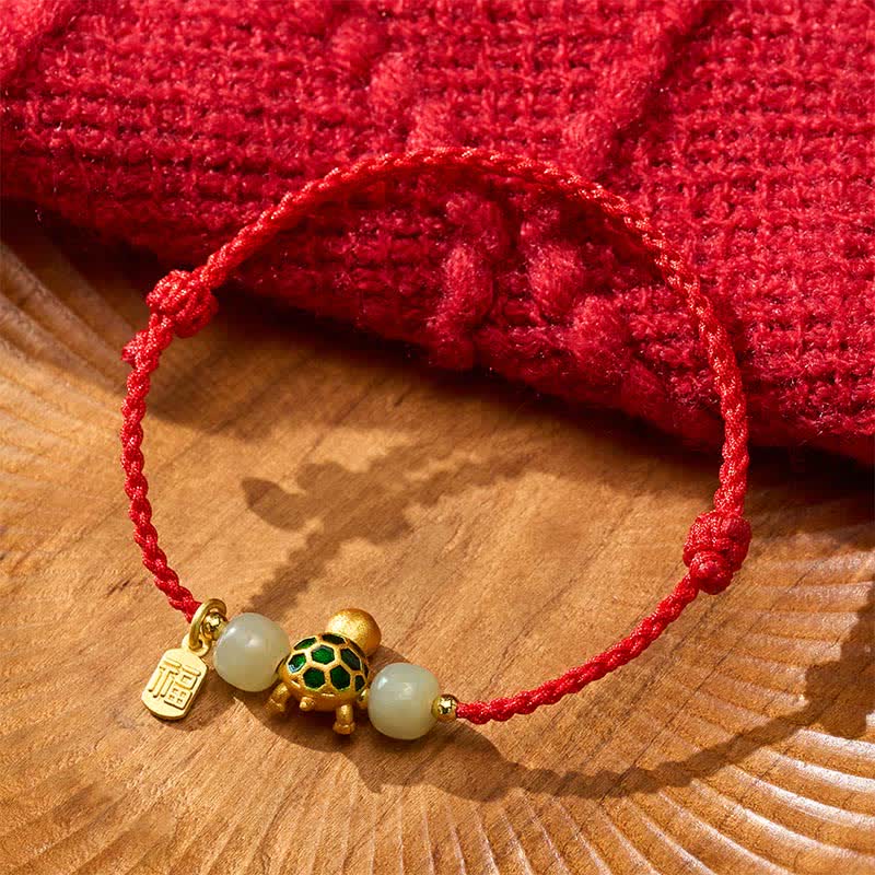 Buddha Stones Copper Turtle Hetian Jade Fu Character Luck Red String Bracelet - image 4
