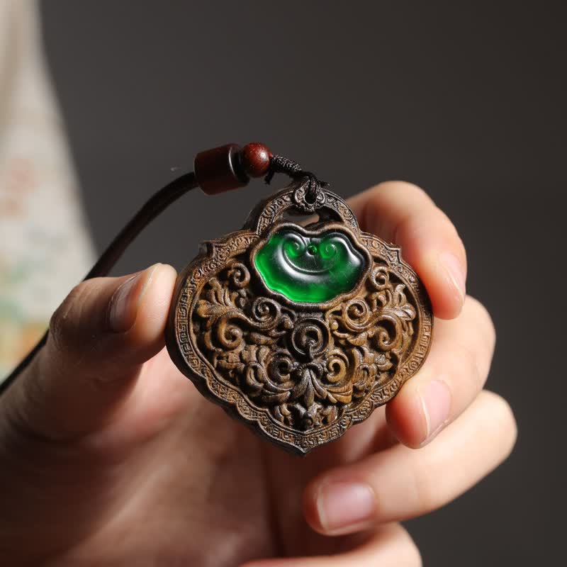 Buddha Stones Sappanwood Carved Green Agate Luck Lock of Good Wishes Necklace - Lock of Good Wishes - image 0