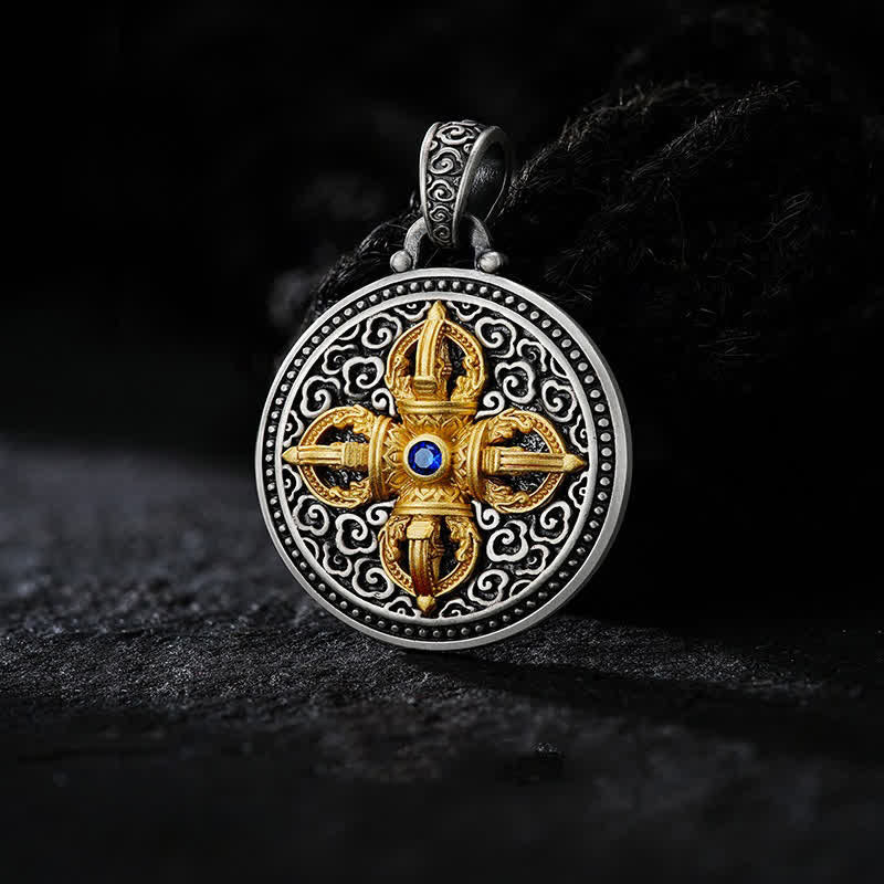 Buddha Stones Tibetan Copper Crossed Vajra Om Mani Padme Hum Wisdom Grounding Round Pendant Necklace - Vajra Om Mani Padme Hum - image 0