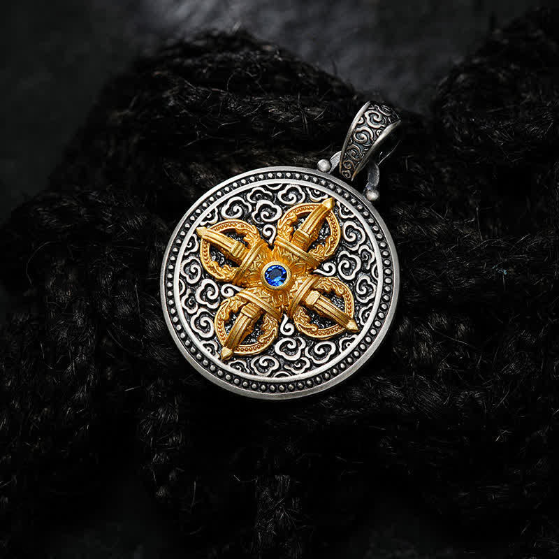 Buddha Stones Tibetan Copper Crossed Vajra Om Mani Padme Hum Wisdom Grounding Round Pendant Necklace - image 2