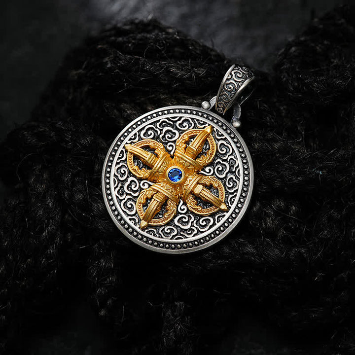 Buddha Stones Tibetan Copper Crossed Vajra Om Mani Padme Hum Wisdom Grounding Round Pendant Necklace - image 2