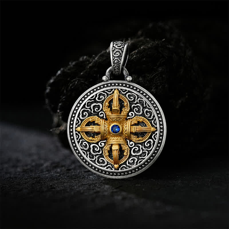 Buddha Stones Tibetan Copper Crossed Vajra Om Mani Padme Hum Wisdom Grounding Round Pendant Necklace - image 1